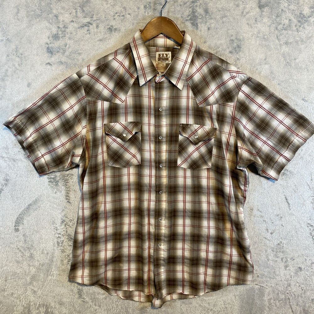 Ely Cattleman Shirt Men XL Brown Red Western‎ Pearl Snap Pocket Cowboy Classic